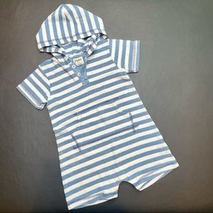 Hayley Baby Romper. Summer Terry cloth onesie. Blue White stripe. Towel